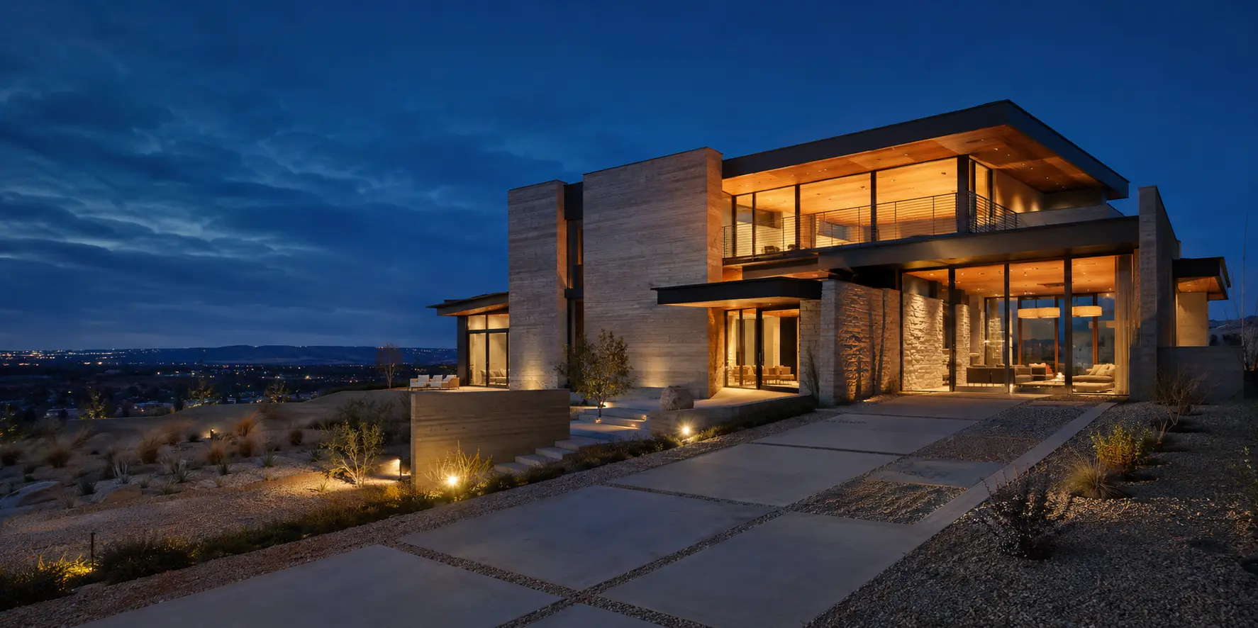 Representative residential design visualization at blue hour
